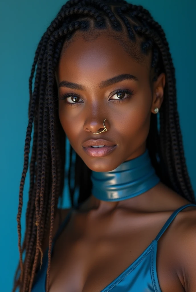 italian woman, young, naked, african braids, nosering, dimples, thick belt around neck, naughty expression, blue, shiny latex bodysuit, close-up, UHD, retina, masterpiece, accurate, anatomically correct, textured skin, super detail, high details, high quality, award winning, best quality, highres
