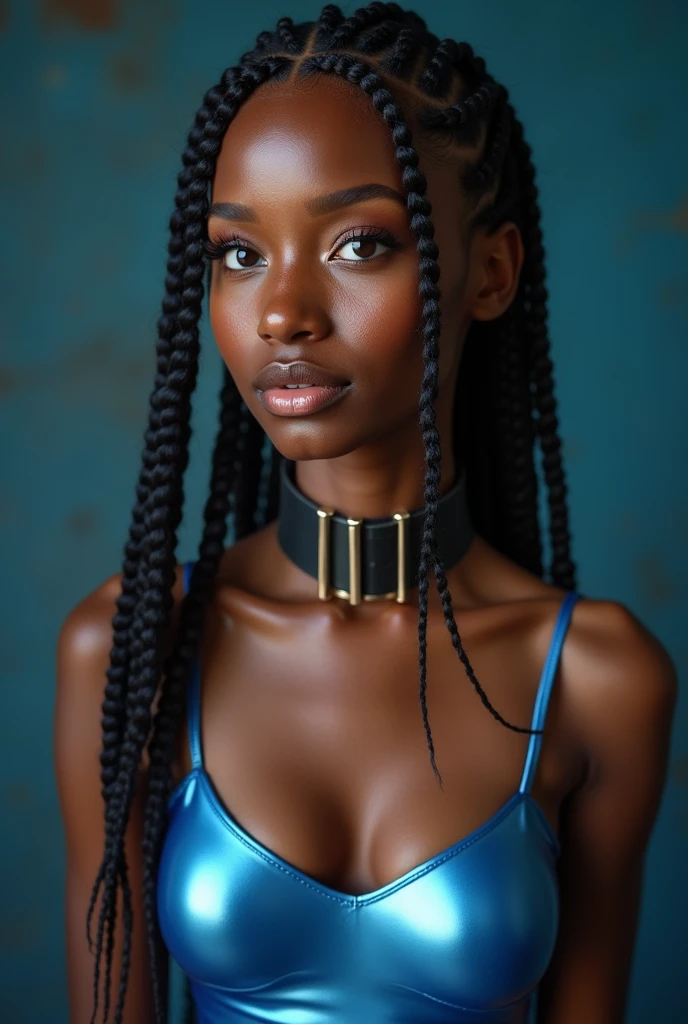 italian woman, young, naked, african braids, nosering, dimples, thick belt around neck, naughty expression, blue, shiny latex bodysuit, close-up, UHD, retina, masterpiece, accurate, anatomically correct, textured skin, super detail, high details, high quality, award winning, best quality, highres