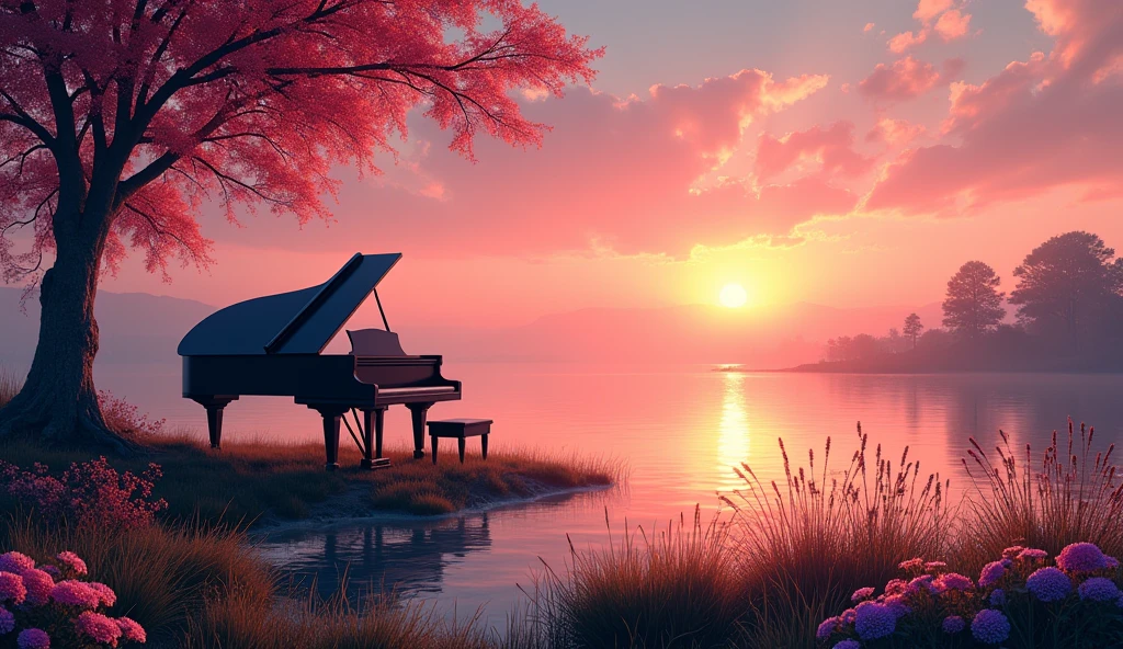 「A black grand piano on the shore、Colorful flowers on the shore、sunset、lake、lakeの中には蓮の花、reed、Silhouette tree々、Calm water surface、Pink and orange shades、A fantastic atmosphere、high resolution、8k」
「静かなlakeに咲くピンクの蓮の花、sunset空が水面に反射、Trees in the distance々Silhouette of、Fantastic landscape painting、Digital Art」