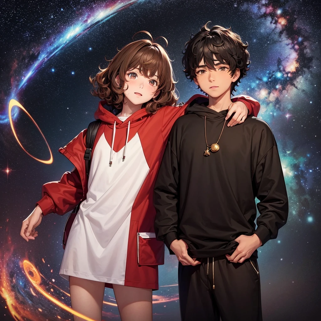 A very curly brown haired teenage boy with one brown eye and the other red with black colored rays and magic around him dressed in a black sweatshirt and sweatpants with an epic posture floating in space surrounded by cosmos and galaxies