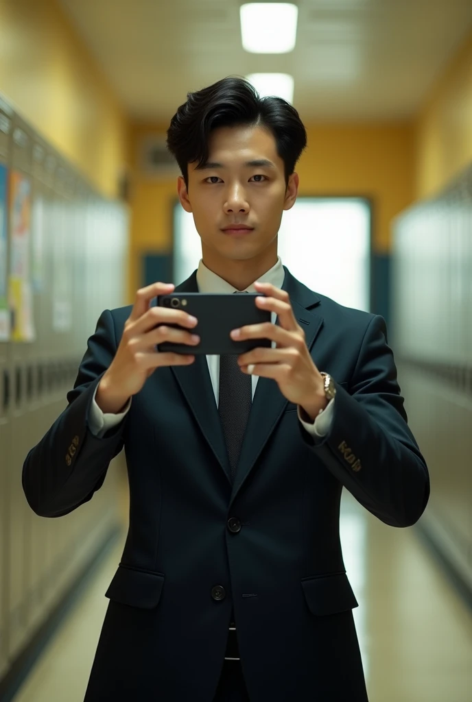 An 18 year old Vietnamese man wearing a suit, Korean hairstyle and taking a photo of his school memories