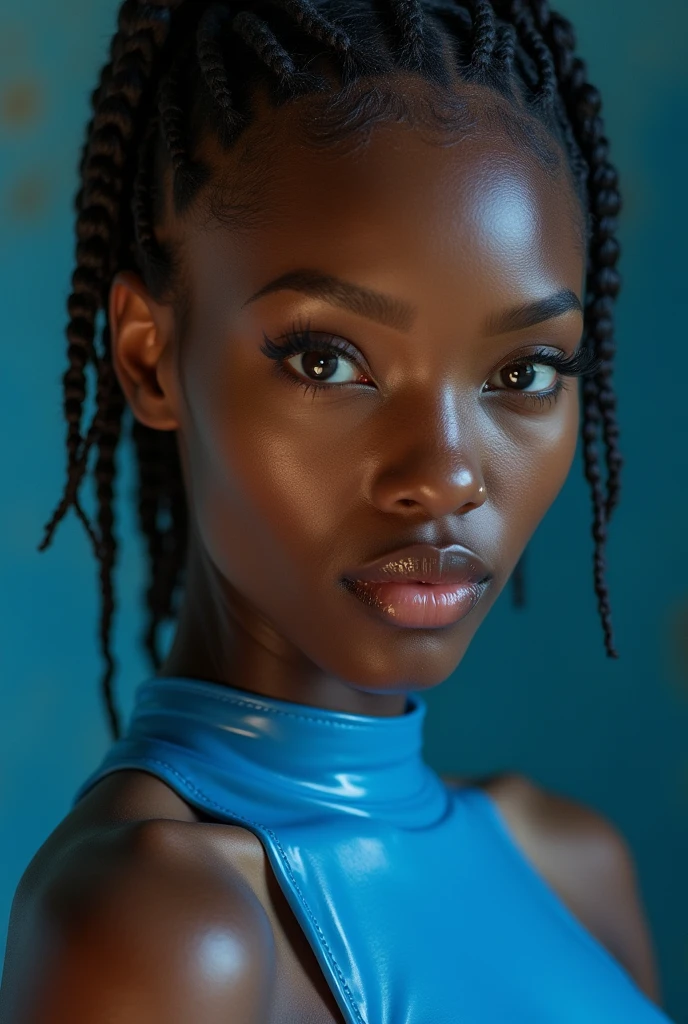 androgynous woman, young, naked, african braids, nosering, dimples, thick belt around neck, naughty expression, blue, shiny latex bodysuit, close-up, UHD, retina, masterpiece, accurate, anatomically correct, textured skin, super detail, high details, high quality, award winning, best quality, highres