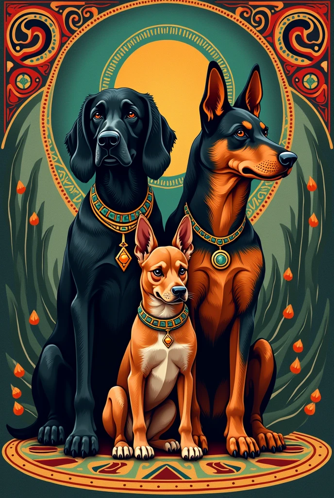 A picture of 1 medium sized male black cocker spaniel, 1 female German Shepherd brown with black, 1 small brown cocker spaniel, 1 female doberman, Make it like pre-Hispanic Mictlan For tattoo