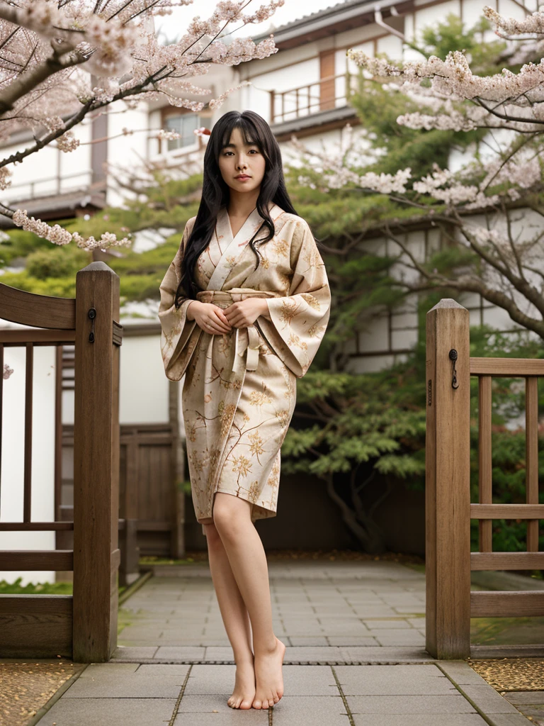 A highly detailed and vibrant full-body image of an adult Japanese anime female character. She has long, flowing black hair with soft waves, and her expressive, large brown eyes are full of emotion. She is wearing a traditional yet modern kimono with intricate patterns in shades of deep red and gold, and the fabric flows elegantly around her. The character is depicted from head to toe, with no cuts, showing her full figure. The background is a beautiful blend of cherry blossoms in full bloom, with soft petals falling around her, giving the scene a serene and magical atmosphere. The art style is typical of high-quality Japanese anime, with fine linework and vivid colors.