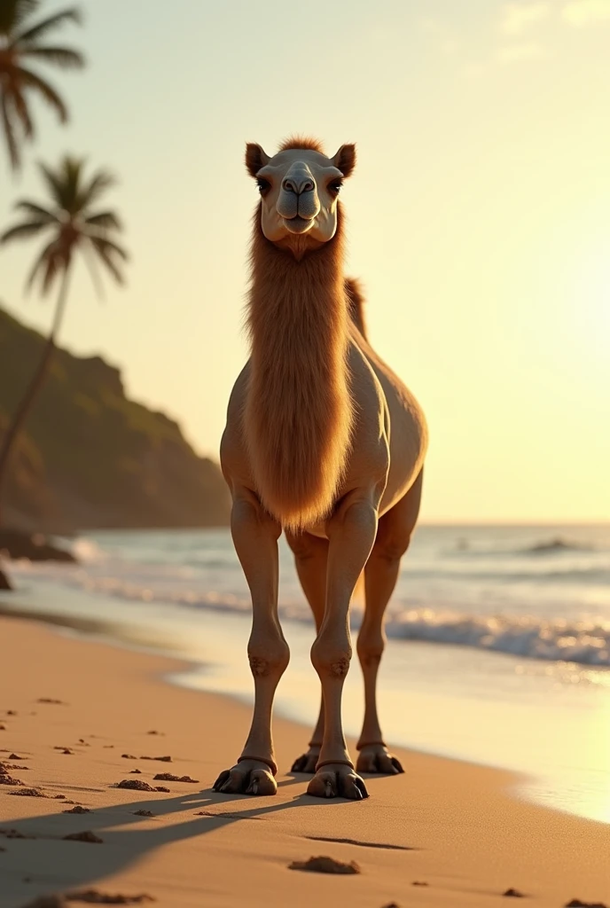 camel doing surya namaskar with folded hands on the beach