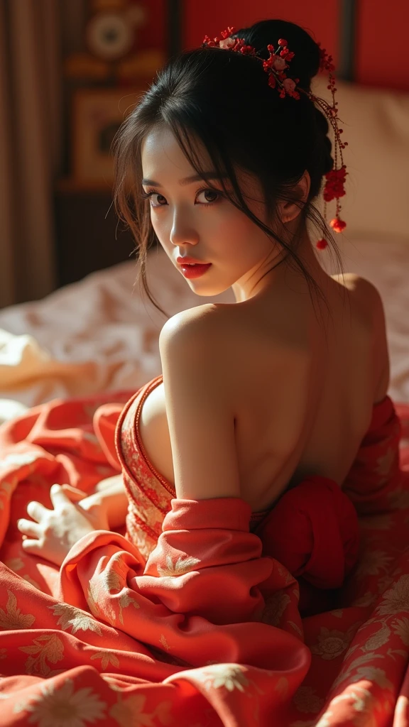 The beauty of Japanese kimono: A realistic woman posing sensually on a bed, Detailed skin texture, Beautiful Faces, Long eyelashes, Glossy Lips, Delicate fingers, Elegant body shape, Luxurious silk bedding, Soft lighting, Structure of the film, Vibrant colors, Realistic, 8k, high quality
