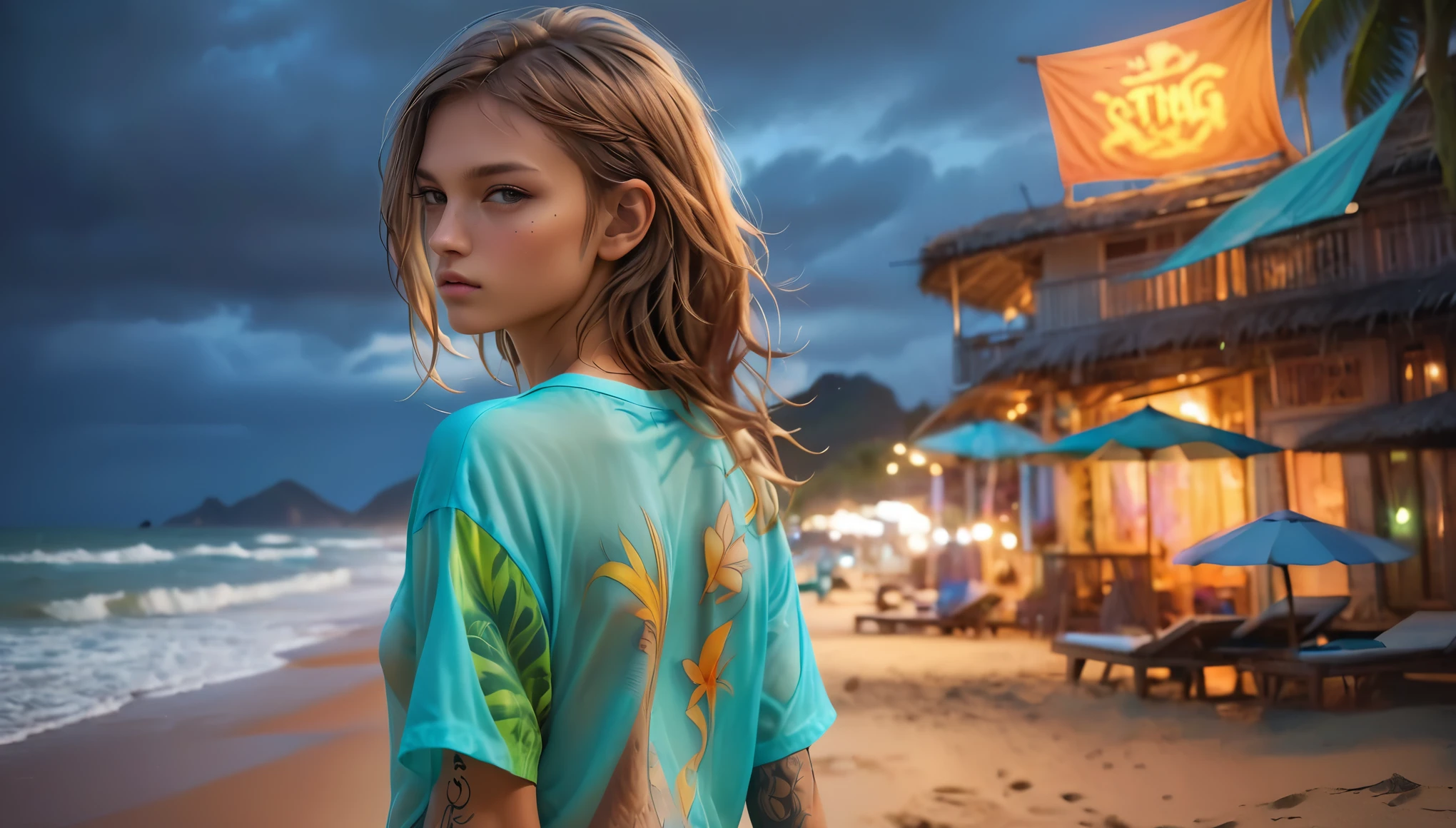 (best quality:1) , (masterpiece:1), (ultra detailed:1), photorealism, (cute sporty girl, young, barely legal, tanned skin), (((oversized loose very thin silky crop shirt and bikini, short, wide neckline, deep neckline, random colors))), ((cozy cabana, at the beach, outdoor, tropical ressort after a sunbath)), ((((medium perky breasts, small hips, detailed face, long random hair, some tattoos)))), moody atmosphere, random neon colors, intricate details, at night, backlit, full body shot