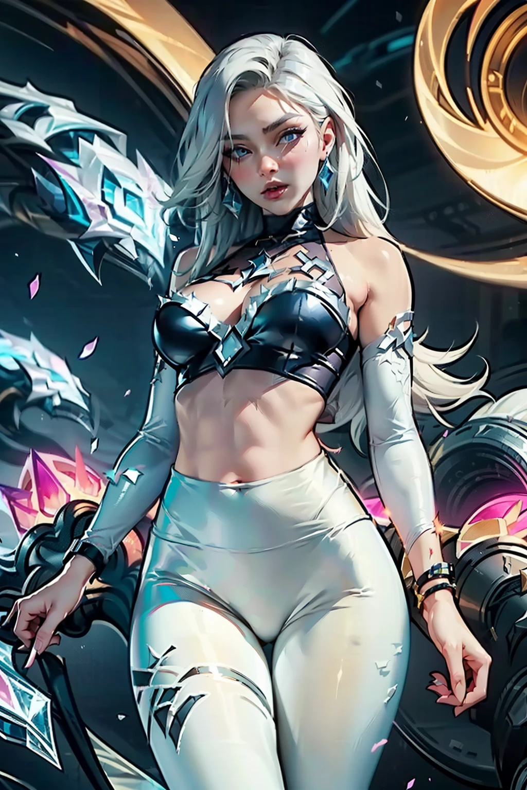 (K/GIVES all out Kai'sa), League of Legends, K/GIVES \(League of Legends\), ((white leggings)), defined body, seducing gaze, posse sexy