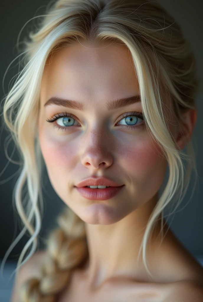 close up in the face
[close up of the face] masterpiece, Best Quality, super rendering, anatomically correct, textured skin, super detail, high details, high quality, award winning, best quality, high resolution, 16k, 8k High Detail Face, full body shot, 1girl, Solo, 10's Beautiful German girl, long Platinum blonde hair tied in the back bonded , Single braided, Blue eyes, skin details, skin pores, very slim breasts,  perfect hands, natural breasts, wide hips. --Sexy body --Prominent bare breasts --Detailing, full body, a lot of femininity, tempting, Dazzling, sensual pose, muse, shallow depth of field, sharp focus, flat lighting, photo realistic, best whitened teeth, gentle friendly expression 