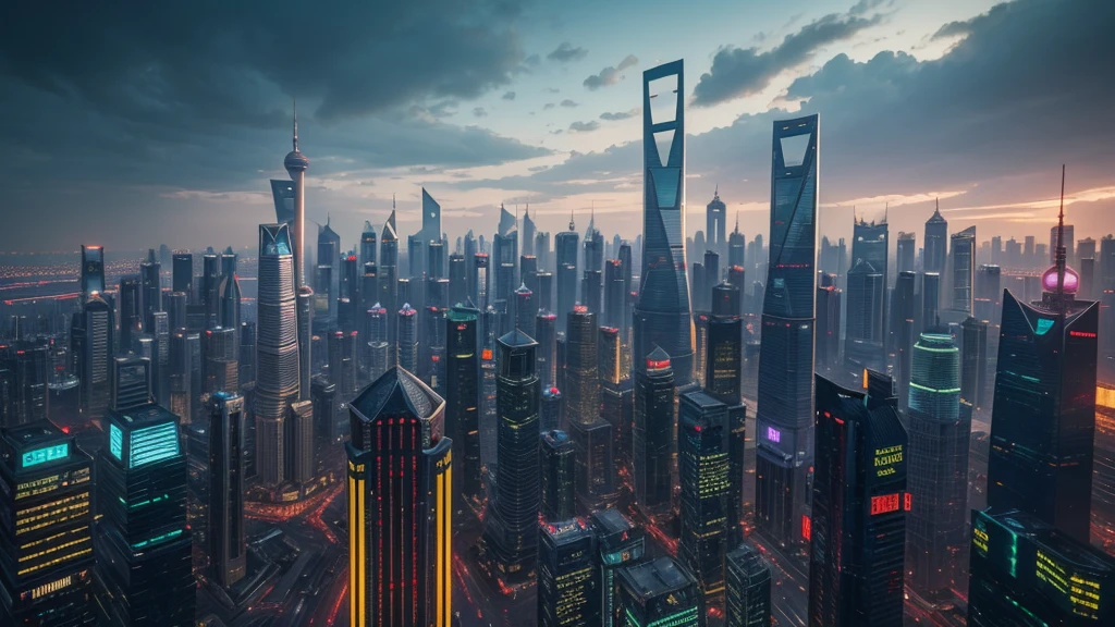 Create the image of Shanghai as a futuristic city, distopic, cyberpunk.in daytime, full of buildings of very stylized designs, 8k, bokeh, hyperrealistic, Long shutter style.