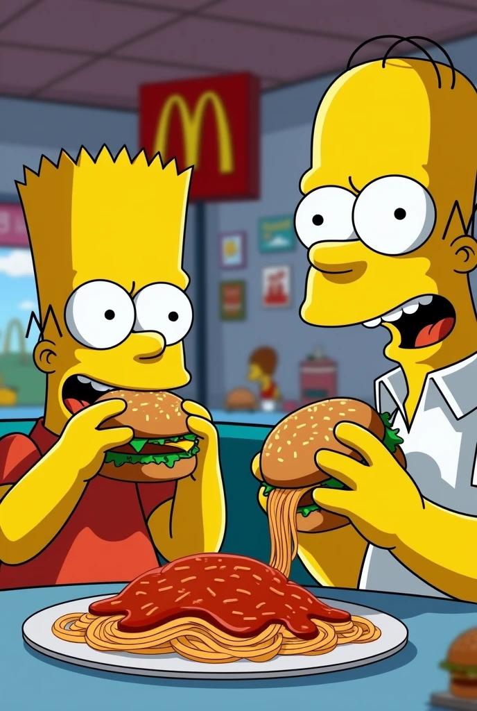 The Simpsons eating burgers and spaghetti at McDonald's restaurant