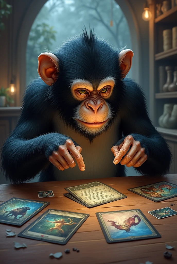 A very focused monkey playing with Magic the Gathering card games, which are strategy games. The monkey has creature and monster cards on the table and prepares to summon a card on the table.. You have 5 cards in your hand and 40 cards in the deck on your table.