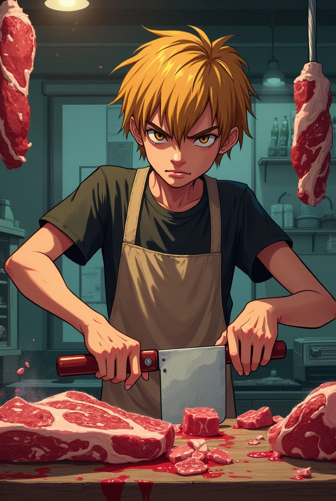 manwha + skinny boy + straight burnt blonde hair + Light brown eyes + fleshy lips + butcher's clothes + at the butcher's shop cutting meat at the mini market + Bad face + angry