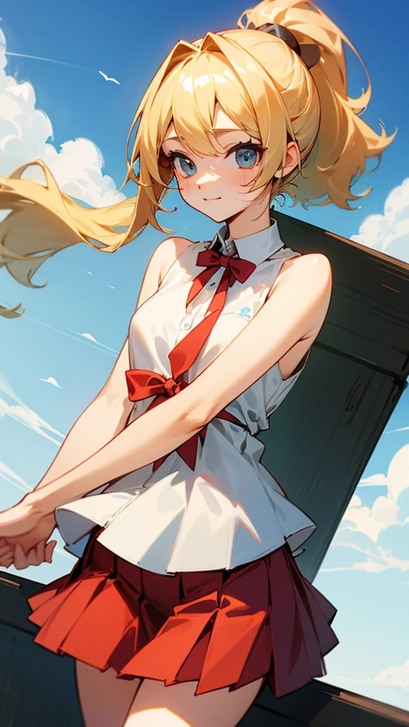 high resolution、ponytail、Perm、Blonde、Sleeveless white shirt、Red pleated skirt、mini skirt、Cute design。Summer attire