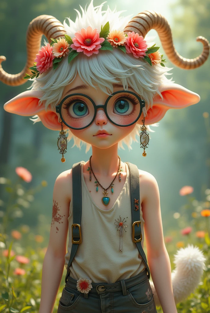 A 18 to 19 year old, male, lamb ears and tail, colorful flower crown, comfy but dirty clothes, white-ish gray hair, glasses with dangling things, dull blue eyes, freckles, frail, softy, loves nature, short fluffy hair, scars