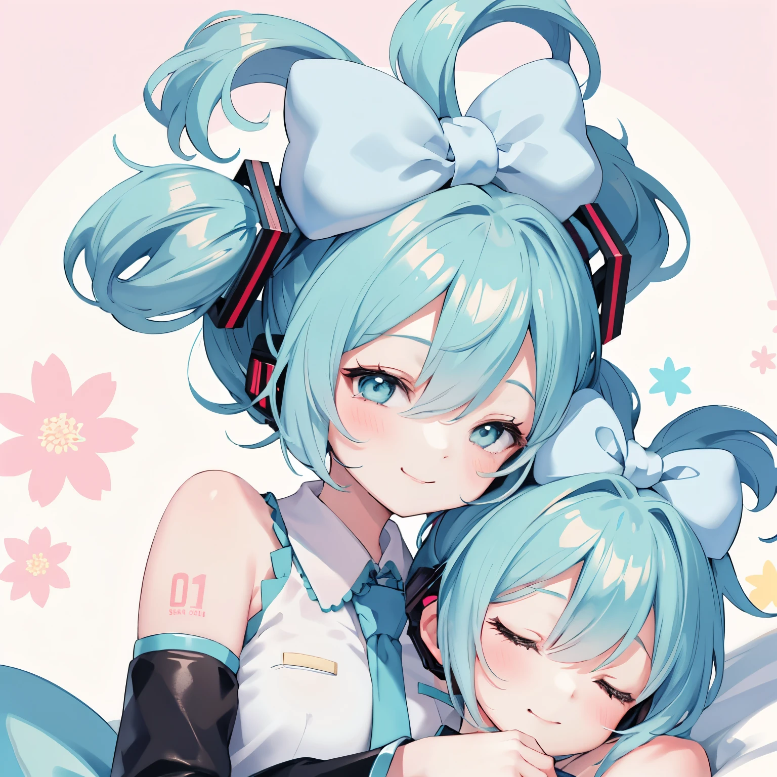 Cinnamiku,Short hair,Sleeping next to me, smile, blush, stop temporarily, Floral Background