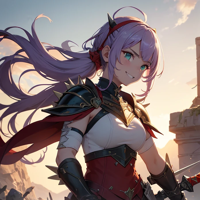 Absurdres, Masterpiece, anime, high quality, HD, best quality, perferct anatomy, simole background, cowboy shot, alone, front view
{{20 years old heroic paladin young woman: (purple long spiky hair tied on simple braid with white ribbon, ahoge, green eyes with black pupils, fair skin, sharp nose, sharp purple eyebrows),(white headband, red paladin draconic armor, sharp red shoulder plates, red steel cuirass, red steel belly armor, red steel arm plates, red steel gauntlets, red steel elbow plates, red steel hip armor, red steel long boots),(defiant expression, funny smile, open mouth clenching teeth, comedic cheerful demeanor, holding a very long dragon bone white sword),(pale orange sky, sunny day with pale orange sky, white sun in the sky, black stone ruins, rocks and crystal spikes all around)}}