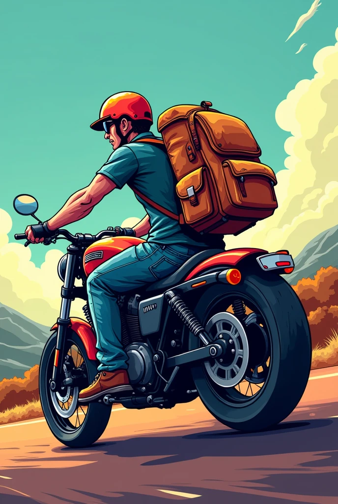Cartoon drawing of a biker on a motorcycle from behind with a camping backpack