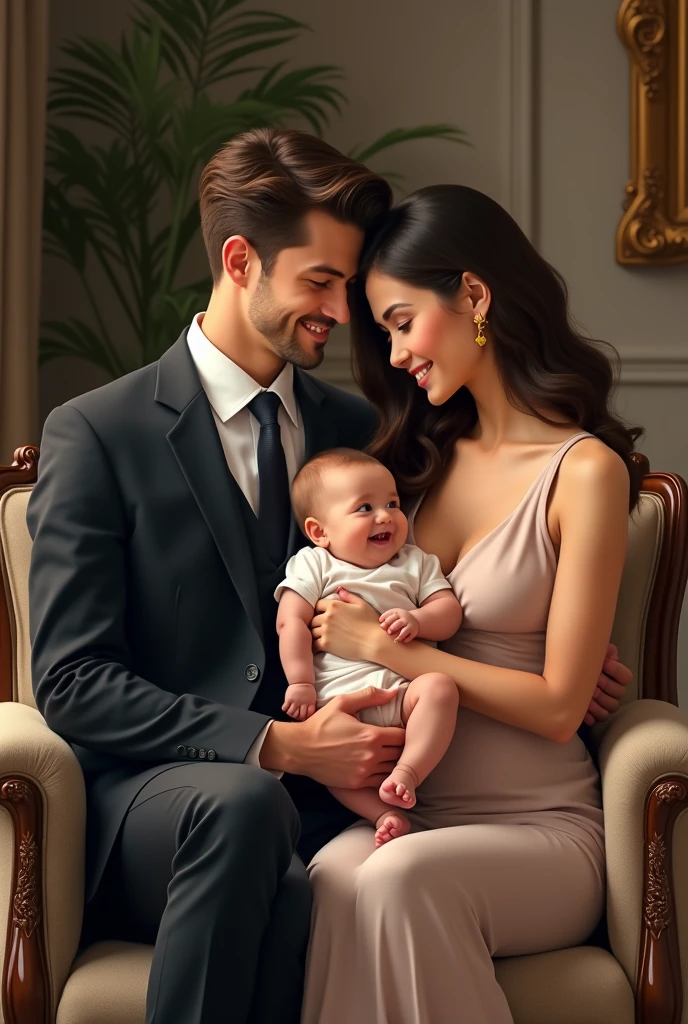 Beautiful family of a young man and woman with boy in arms dressed elegantly the man sitting on an elegant chair and the woman standing next to him with baby in her arms
