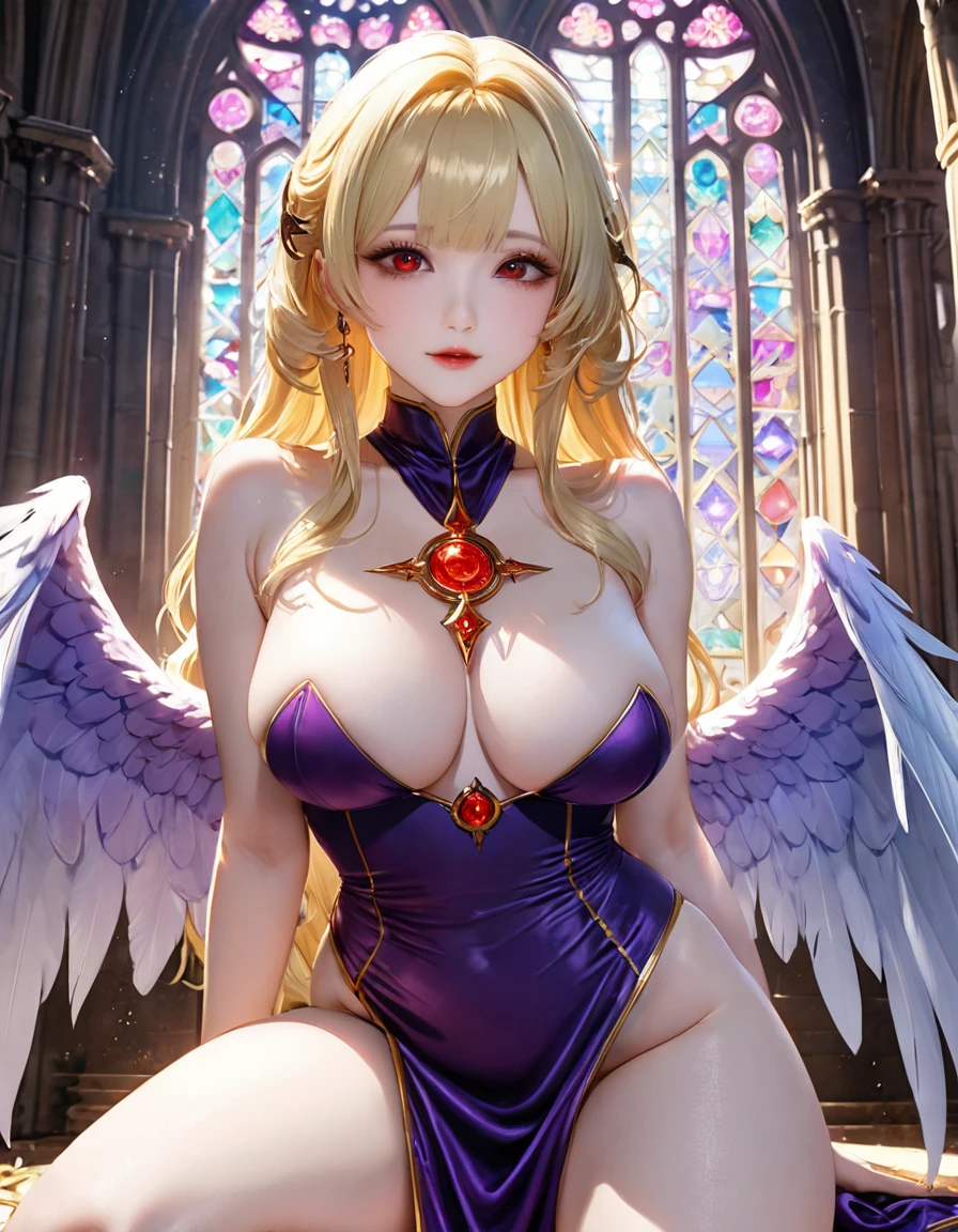 Fantasy、masterpiece, Highest quality, Cathedral、(alone), (Ultra-detailed red eye), Well-formed J-cup bust、(Pale skin), Blonde Hair, Loose curls、Long Hair、(1Only one、A large red magic stone buried directly in the neck of the body.)、(Large wings with dark purple feathers、Long flight feathers)、Engagement Rings、(Monastic uniform)、diagonal、