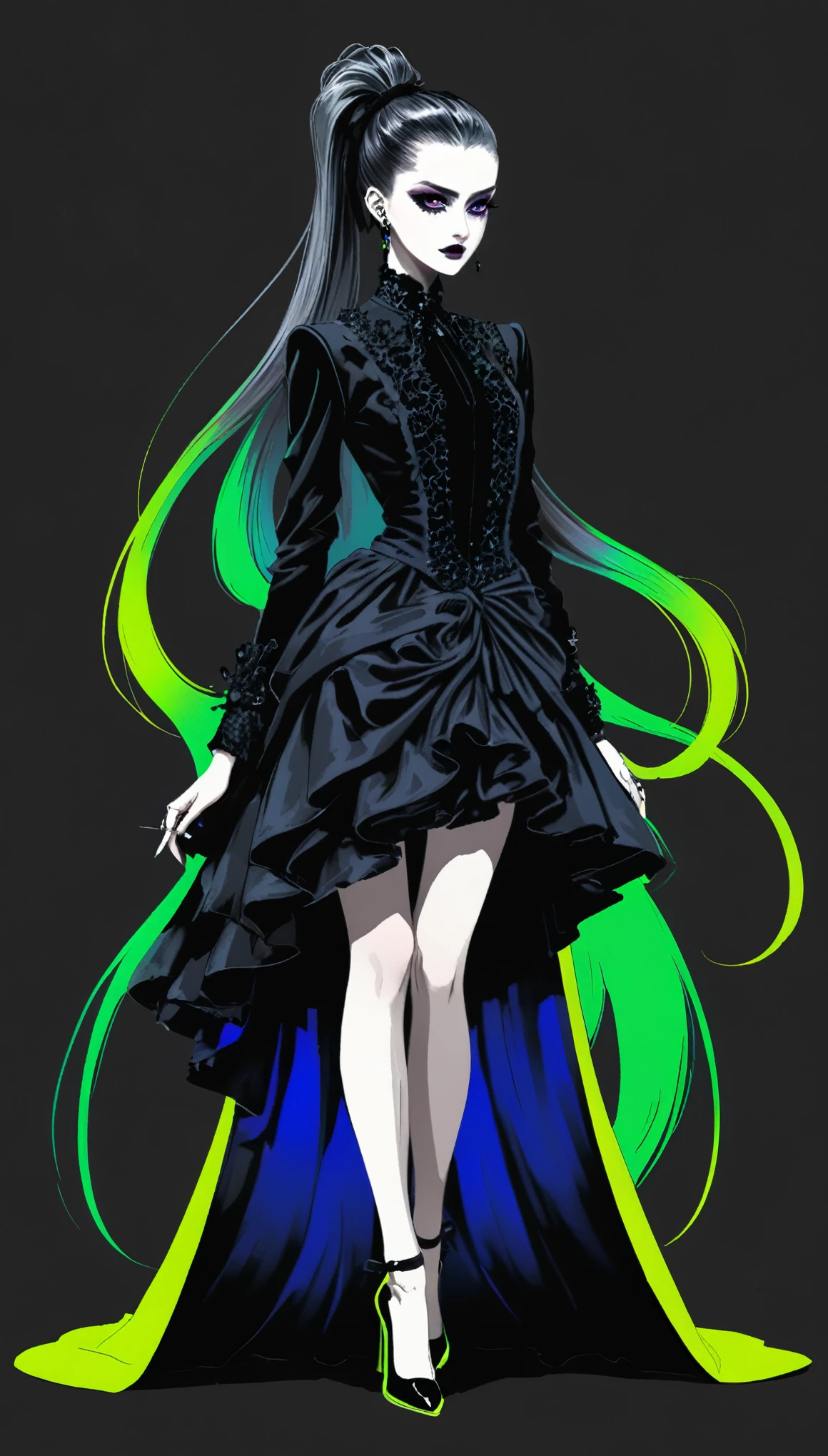 [in style of Hans Hartung],in style of Bella Kotak-【More details 2.5D】-,{in style of Carolina Herrera:1.4}
1girl,character concept design,high tied Ponytail,(gravure_pose:1.6),leaning forward,goth style clothing accessories,lively dynamic color matching,unique tailoring carolina herrera style,gorgeous,noble,(extreme fluorescence gothic aesthetics,the ultimate mercury heels,corresponding color of the background:1.2),long hair
