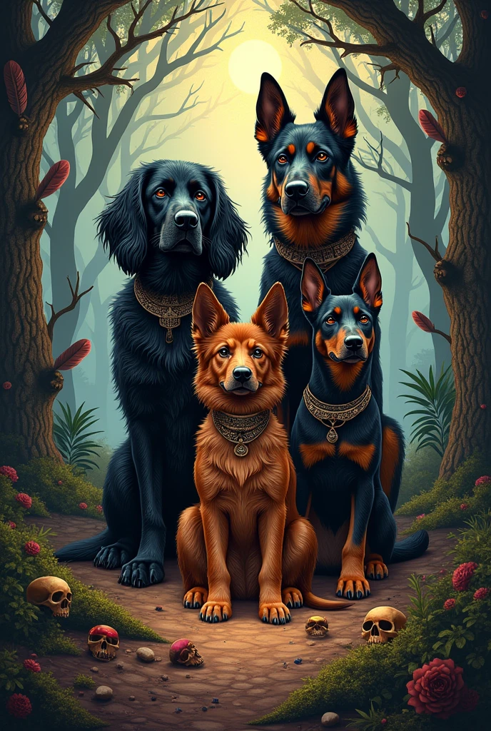 A picture of 1 medium sized male black cocker spaniel, 1 female German Shepherd brown with black, 1 small brown cocker spaniel, 1 female doberman, Make it like pre-Hispanic Mictlan For tattoo