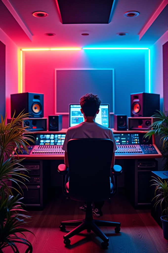 a sound studio with colored lights