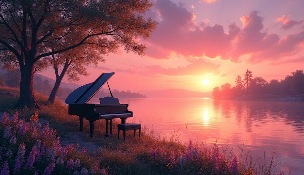 「A black grand piano on the shore、Colorful flowers on the shore、sunset、lake、lakeの中には蓮の花、reed、Silhouette tree々、Calm water surface、Pink and orange shades、A fantastic atmosphere、high resolution、8k」
「静かなlakeに咲くピンクの蓮の花、sunset空が水面に反射、Trees in the distance々Silhouette of、Fantastic landscape painting、Digital Art」