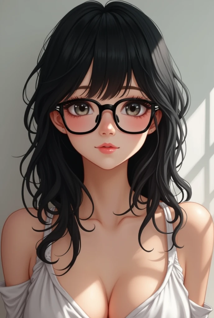 generate a white girl with black hair, with bangs, glasses. I want a full body photo, and with bare breasts on display.
