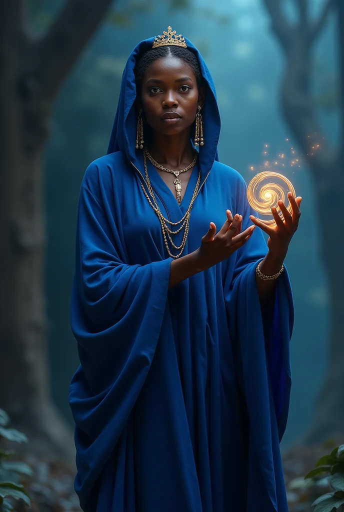 Orisha woman dressed in dark blue with a shiny spiral in her hand, small crown...