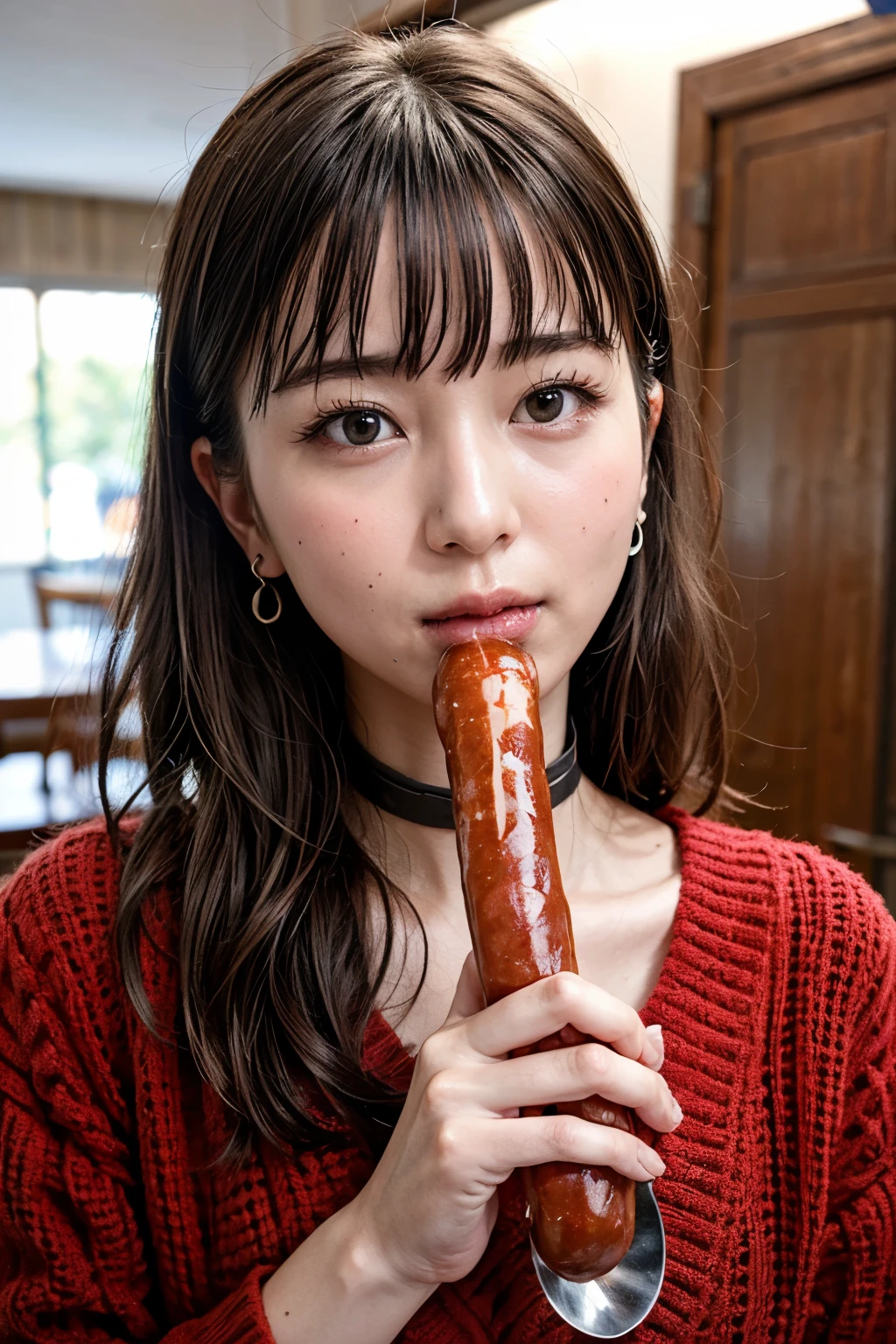 realistic, photo-realistic, masterpiece, best quality, intricate details, extremely detailed, cinematic lighting, solo, 1girl, a 16yo Japanese female, (eating a huge sausage in hand, bite a large sausage, shovel a long sausage into mouth, sucking a thick sausage:1.4), dark hair, bangs, ponytail, hair ornament, hair scrunchie, cute face, extremely detailed face, beautiful detailed eyes, sophisticated nose, pale skin, fine-textured skin, sweaty, shiny skin, earrings, choker, jewelry, photo background, indoors, home, 