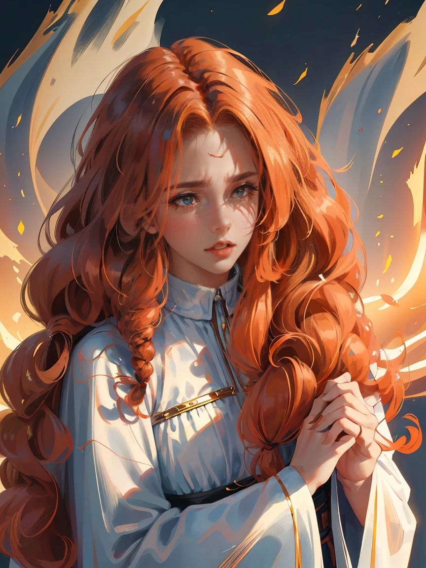Long ginger hair, dark brown eyes, gloss lips, front look, freckles on face, close up, portrait, beautiful eyes, wearing a male white suit, big white, curly hair cut, clear skin, young 30 years girl, adult girl, solo, very long hair, ankle length hair, handsome older WOMAN,Hyperresolution,accuracy,Detailed rendering,(Image of fine hair)(topquality)(Masterpieces of masters)(High degree of completeness)(A sense of atmosphere)tmasterpiece,Super detailed and super detailed(((half-body portrait)))(((Older woman)))(((Unruly ginger hair))) (((Frizzy curly hair)))(((Long ginger hair)))(((Scottish)))