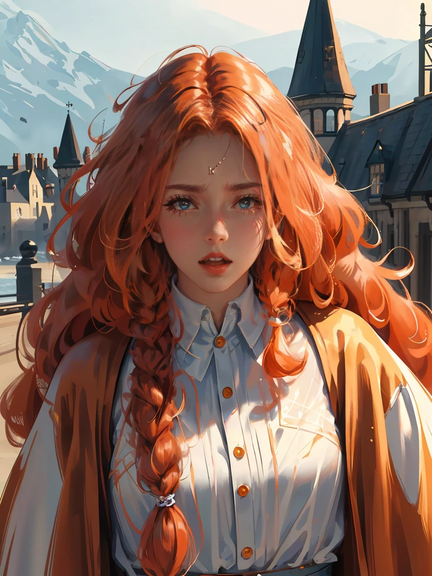 Long ginger hair, dark brown eyes, gloss lips, front look, freckles on face, close up, portrait, beautiful eyes, wearing a male white suit, big white, curly hair cut, clear skin, young 30 years girl, adult girl, solo, very long hair, ankle length hair, handsome older WOMAN,Hyperresolution,accuracy,Detailed rendering,(Image of fine hair)(topquality)(Masterpieces of masters)(High degree of completeness)(A sense of atmosphere)tmasterpiece,Super detailed and super detailed(((half-body portrait)))(((Older woman)))(((Unruly ginger hair))) (((Frizzy curly hair)))(((Long ginger hair)))(((Scottish)))