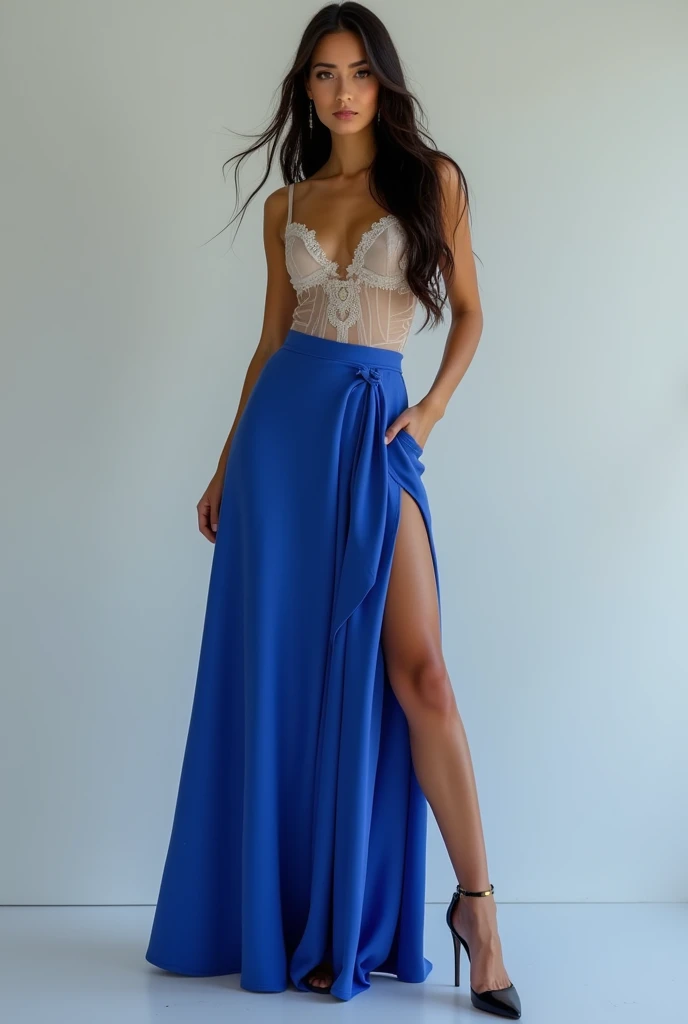 best quality,masterpiece,Ultra-high resolution,(actual:1.4),original photo,Ultra-high resolution,8k,woman,A head of waist-length hair.clear hair.White skin,Sophisticated makeup,,royal blue skirt:1.5. High heel,long legs,bright and beautiful,