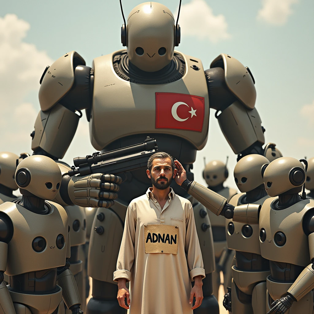 a realistic humanoid machine, holding a large gun in one hand, surrounded by medium-sized humanoid machines,
the medium-sized machines are holding a gun and pointing it at the large machine,
the large machine is ignoring them, the large machine has a small Turkish flag on its chest, the medium-sized Arab machine is standing in front of the large machine, the Arab machine has a large note on its clothing, the large machine is stroking the Arab machine's head with its other hand, the Arab machine's note reads ''ADNAN'' in capital letters, the Arab is naked