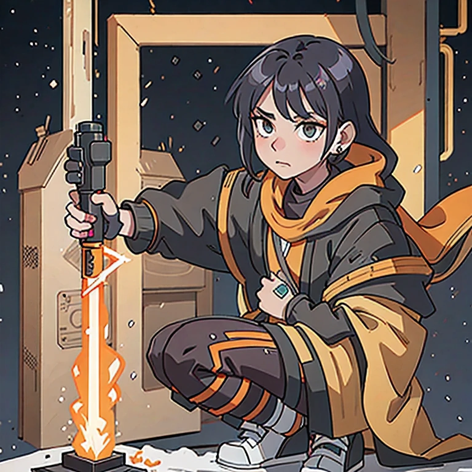 Black gold silk cyberpunk mine snow light orange rough linen cloak Trump lightsaber space squat 1:6 Miniatures,illustration