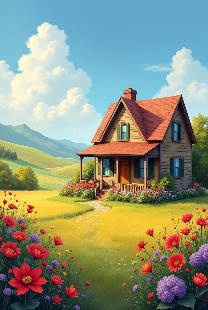 Landscape painting with a house and flowers simple to paint

