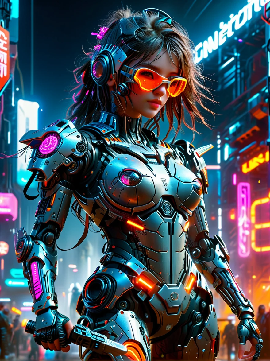 This is a detailed image of a fictional cyberpunk environment.，In the foreground，A beautiful girl mercenary standing，Fully dressed in futuristic high-tech armor with neon decorations，Holding a high-tech weapon in hand，Neon light metal battle armor，High-tech alloy mechanical combat shoes，Mercenary with serious face，Eyes hidden behind sleek goggles that gleam in the dim light，In the background，Complex urban landscape filled with neon lights and tall buildings，All the way to the horizon，Advanced technology contrasts with the rough urban atmosphere