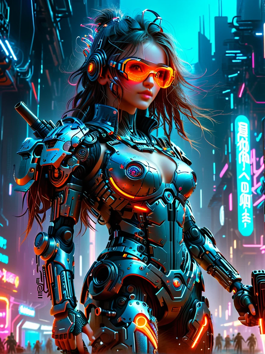 This is a detailed image of a fictional cyberpunk environment.,In the foreground,A beautiful girl mercenary standing,Fully dressed in futuristic high-tech armor with neon decorations,Holding a high-tech weapon in hand,Neon light metal battle armor,High-tech alloy mechanical combat shoes,Mercenary with serious face,Eyes hidden behind sleek goggles that gleam in the dim light,In the background,Complex urban landscape filled with neon lights and tall buildings,All the way to the horizon,Advanced technology contrasts with the rough urban atmosphere