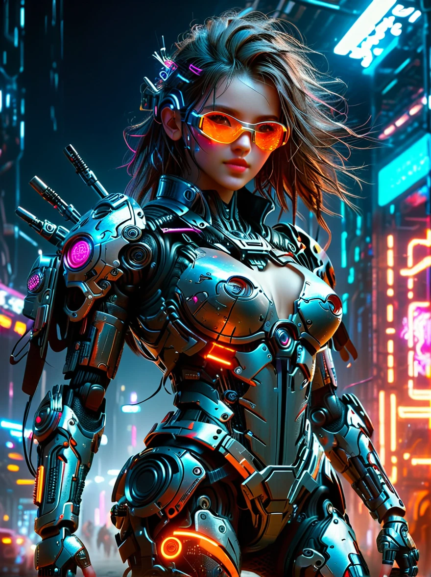 This is a detailed image of a fictional cyberpunk environment.，In the foreground，A beautiful girl mercenary standing，Fully dressed in futuristic high-tech armor with neon decorations，Holding a high-tech weapon in hand，Neon light metal battle armor，High-tech alloy mechanical combat shoes，Mercenary with serious face，Eyes hidden behind sleek goggles that gleam in the dim light，In the background，Complex urban landscape filled with neon lights and tall buildings，All the way to the horizon，Advanced technology contrasts with the rough urban atmosphere