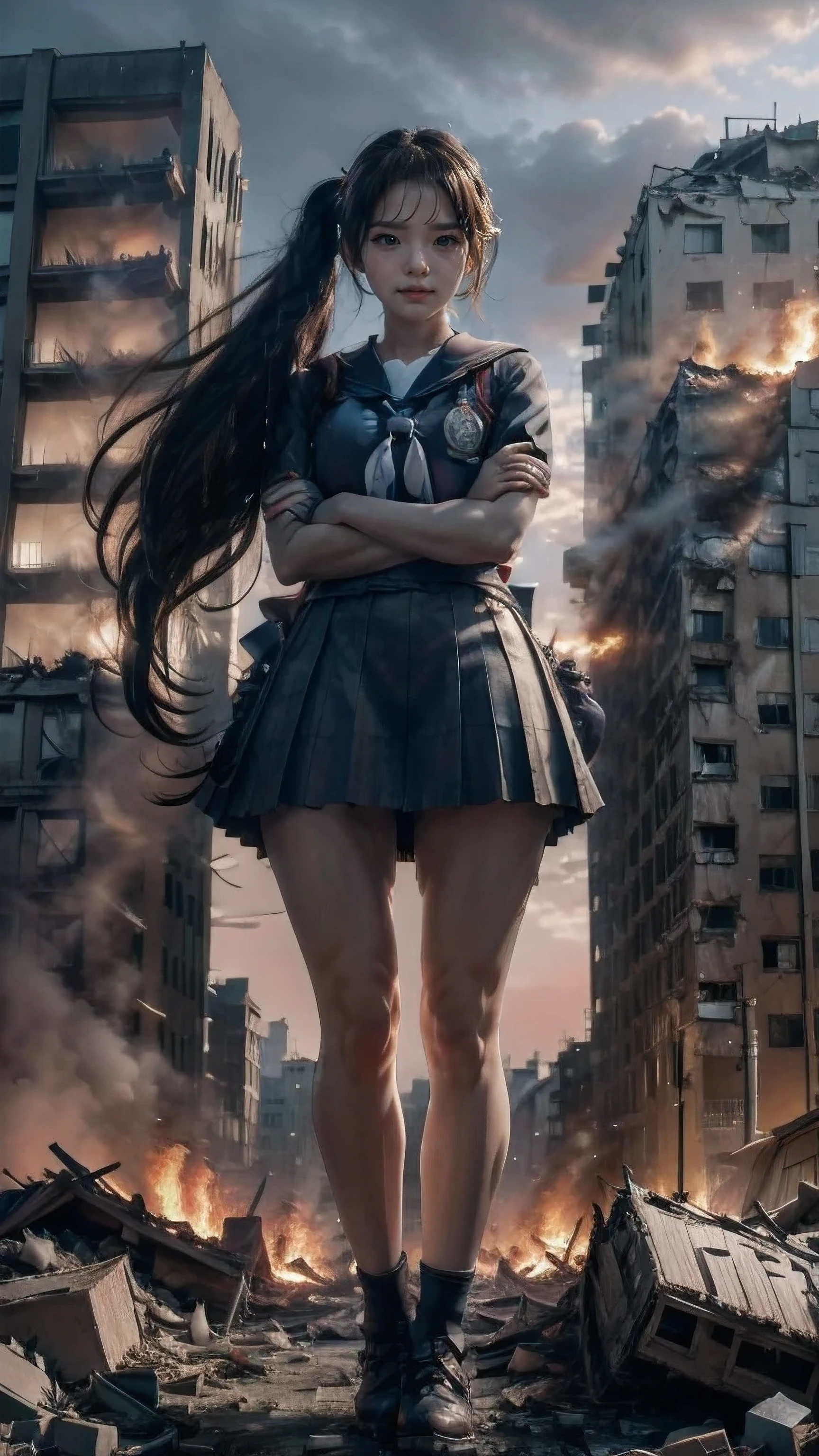 ((((Arms crossed)))),looking at the camera、Embarrassed、(Giantess Elements, High resolution, high quality, Accurate body structure, Detailed body), Plump thighs、Japanese schoolgirl, Sailor suit, Towering Giant Girl, Looking up at a woman approaching from below, giant attacks city, cute, girl Destroy a small town, Destroy a small town, Naughty look, Japanese, White skin, smile, trampling buildings, rubble, Burning Small Town, destroyed small building, Collapsed highway, Cars are crushed, Evacuation of residents, sunset, Burning Small Town, please, walk, Trampling, Anatomically correct, Accurate human body, Accurate skeleton, Full body portrait, blue eyes, rubble scattered at feet, Higher than skyscrapers, Major impact, wonderful, Giantess Elements, Draw a woman in a big way, The rise of disruptive factors, making city smaller, rampage, city, building,