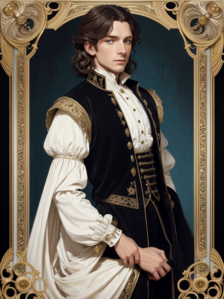 Portrait of Kit Marlowe, Elizabethan era, lavish clothes, black velvet doublet with Flemish laces and gold buttons, white shirt, white skin, piercing blue eyes, silky auburn hair, shoulder length hair, clean shaved, art Deco, Art Noveau style, Alphonse Mucha style, Alphonse Mucha background, high quality, 4K