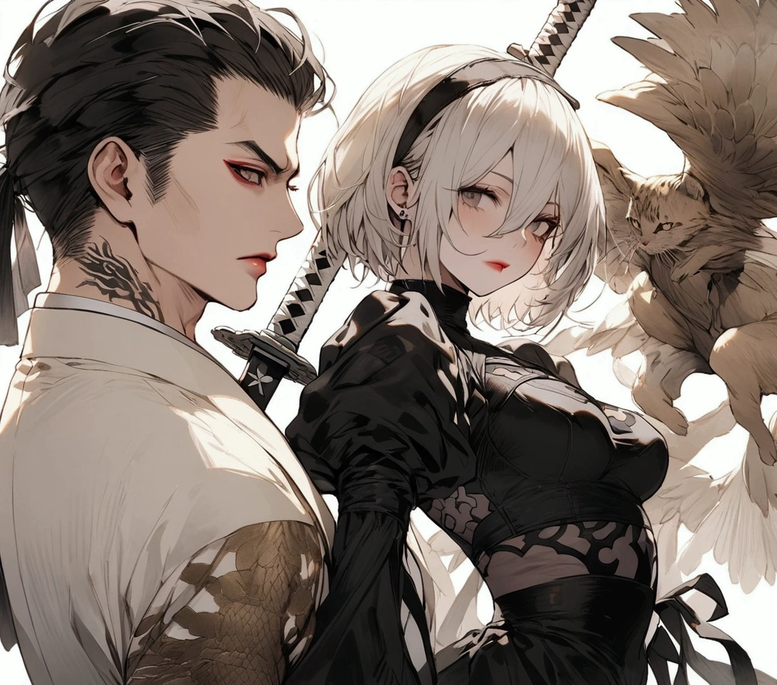 Best Quality, 2B Nier Automata, a mini braga, yakuza tattoos, brandishing the katana. Whole body