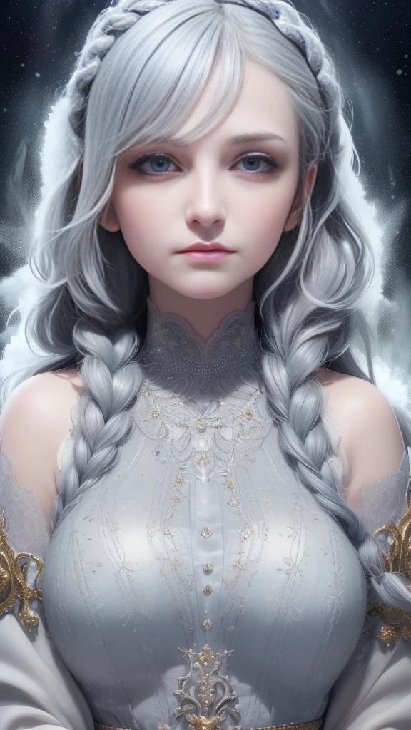 (highres:1.2),(best quality,ultra-detailed,realistic:1.37),(portrait,traditional portrait),(gray hair,blue hair),(golden shimmering eyes),(flowing white garments),(gazing at the sky),(upper body or full body),(hair flowing like a waterfall),(snow-white skin),(elegant side braid)