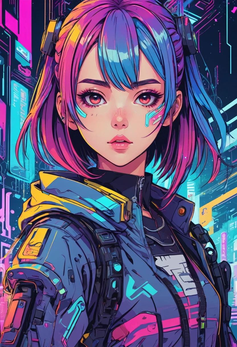 anime, an girl, kawaii, cyberpunk, colorful, ink paint line art, vector art, thick lines, glitch art, flat colors, key visual, vibrant, technical drawing, line art, minimalist, masterpiece,