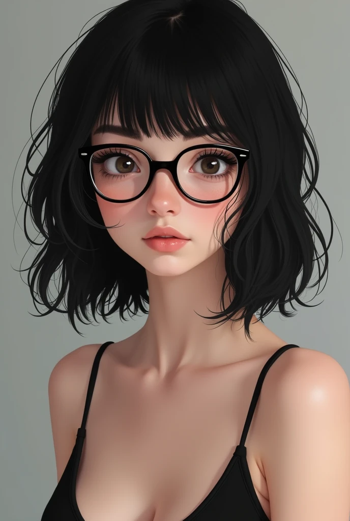 generate a white girl with black hair, with bangs, glasses. I want a full body photo, with her naked.