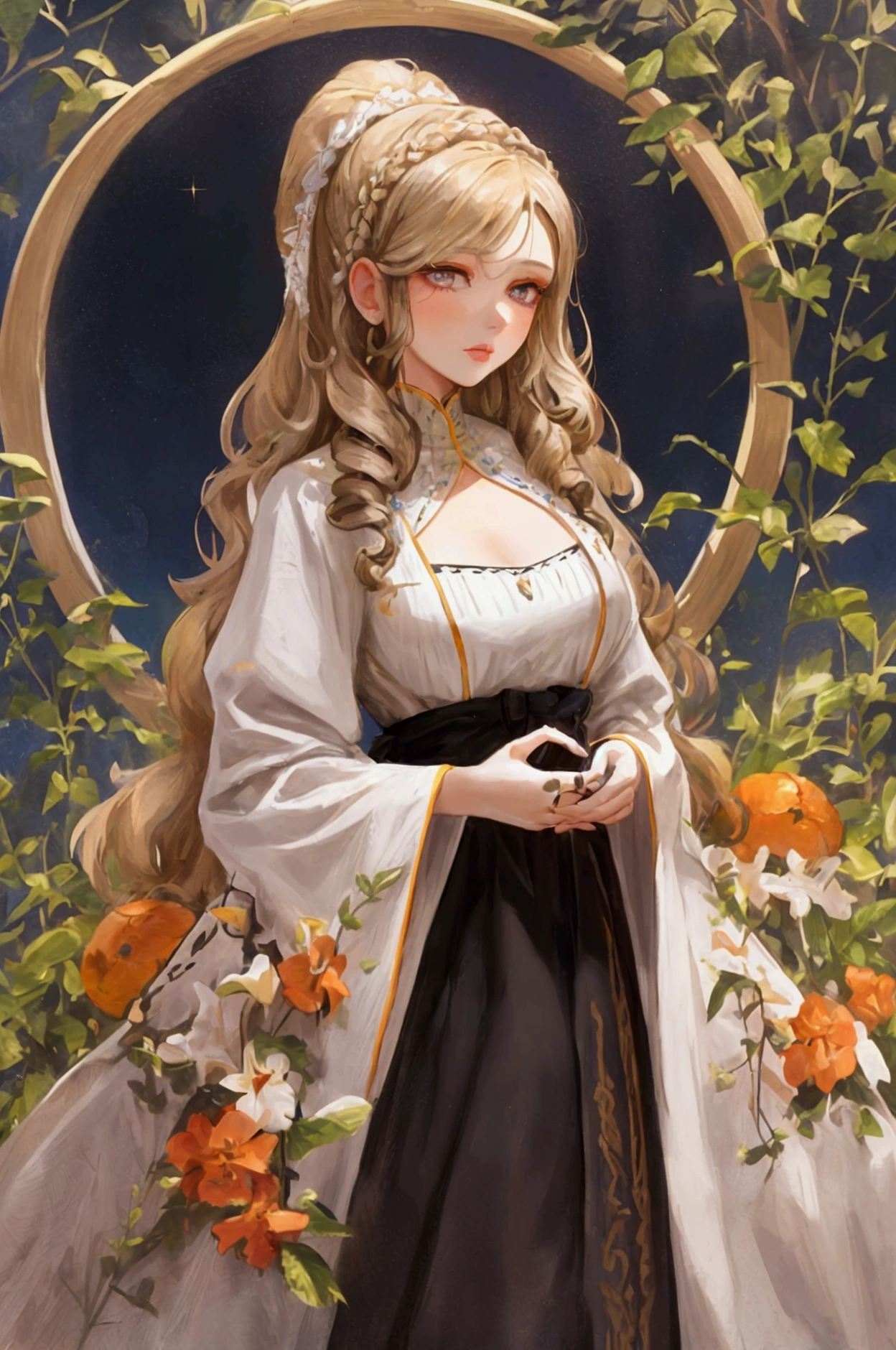 Little woman,Hyperrealistic, with jet brown hair, blonde highlights, curly hair, Curly Method, two-tone black roots. With white Nordic European skin, she has a heart-shaped face with high cheekbones and a delicate jaw. Her eyes are honey-colored and her lips are full and slightly parted. She wears an elegant medieval nobility maiden dress with an orange embroidered horse logo and the dress is white with yellow. Her makeup is natural and understated, with a hint of blush on her cheeks and light brown eyeshadow on her lids.19 years old,Boluctuous woman, Sexy pocitions, Kingdom of Riverlands, Kingdom with biodiversity, Lakes and riversKingdom with biodiversity, lakes and rivers.