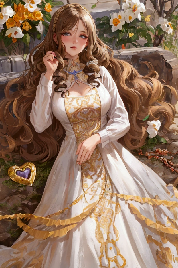 Little woman,Hyperrealistic, with jet brown hair, blonde highlights, curly hair, Curly Method, two-tone black roots. With white Nordic European skin, she has a heart-shaped face with high cheekbones and a delicate jaw. Her eyes are honey-colored and her lips are full and slightly parted. She wears an elegant medieval nobility maiden dress with an orange embroidered horse logo and the dress is white with yellow. Her makeup is natural and understated, with a hint of blush on her cheeks and light brown eyeshadow on her lids.19 years old,Boluctuous woman, Sexy pocitions, Kingdom of Riverlands, Kingdom with biodiversity, Lakes and riversKingdom with biodiversity, lakes and rivers. 