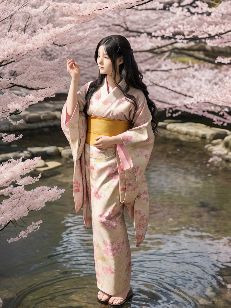 A highly detailed and vibrant full-body image of an adult Japanese anime female character. She has long, flowing black hair with soft waves, and her expressive, large brown eyes are full of emotion. She is wearing a traditional yet modern kimono with intricate patterns in shades of deep red and gold, and the fabric flows elegantly around her. The character is depicted from head to toe, with no cuts, showing her full figure. The background is a beautiful blend of cherry blossoms in full bloom, with soft petals falling around her, giving the scene a serene and magical atmosphere. The art style is typical of high-quality Japanese anime, with fine linework and vivid colors.