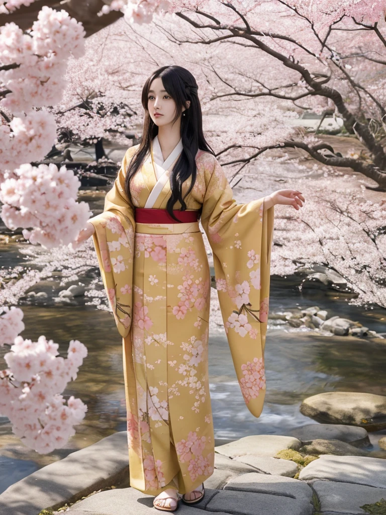 A highly detailed and vibrant full-body image of an adult Japanese anime female character. She has long, flowing black hair with soft waves, and her expressive, large brown eyes are full of emotion. She is wearing a traditional yet modern kimono with intricate patterns in shades of deep red and gold, and the fabric flows elegantly around her. The character is depicted from head to toe, with no cuts, showing her full figure. The background is a beautiful blend of cherry blossoms in full bloom, with soft petals falling around her, giving the scene a serene and magical atmosphere. The art style is typical of high-quality Japanese anime, with fine linework and vivid colors.
